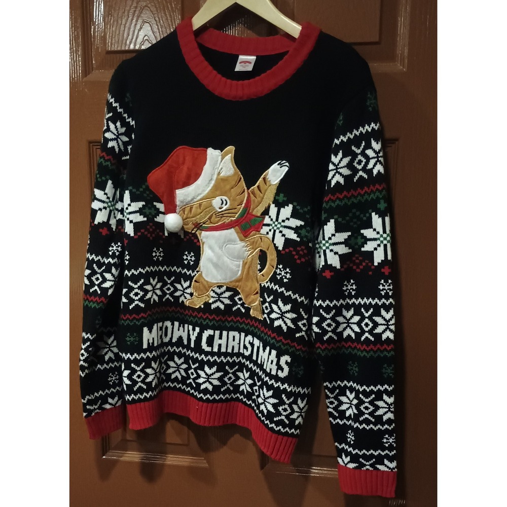 Holiday Time Sweater Mens XXL Black Dabbing Cat Meowy Christmas Excellent Ugly